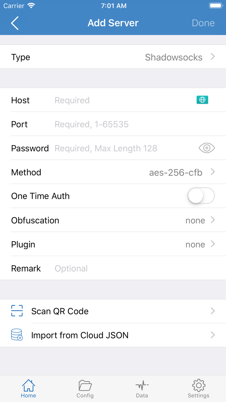 Shadowrocket 的 Add Server 頁面，顯示 Type、Host、Port、Password、Method，以及 Scan QR Code 和 Import from Cloud JSON 入口