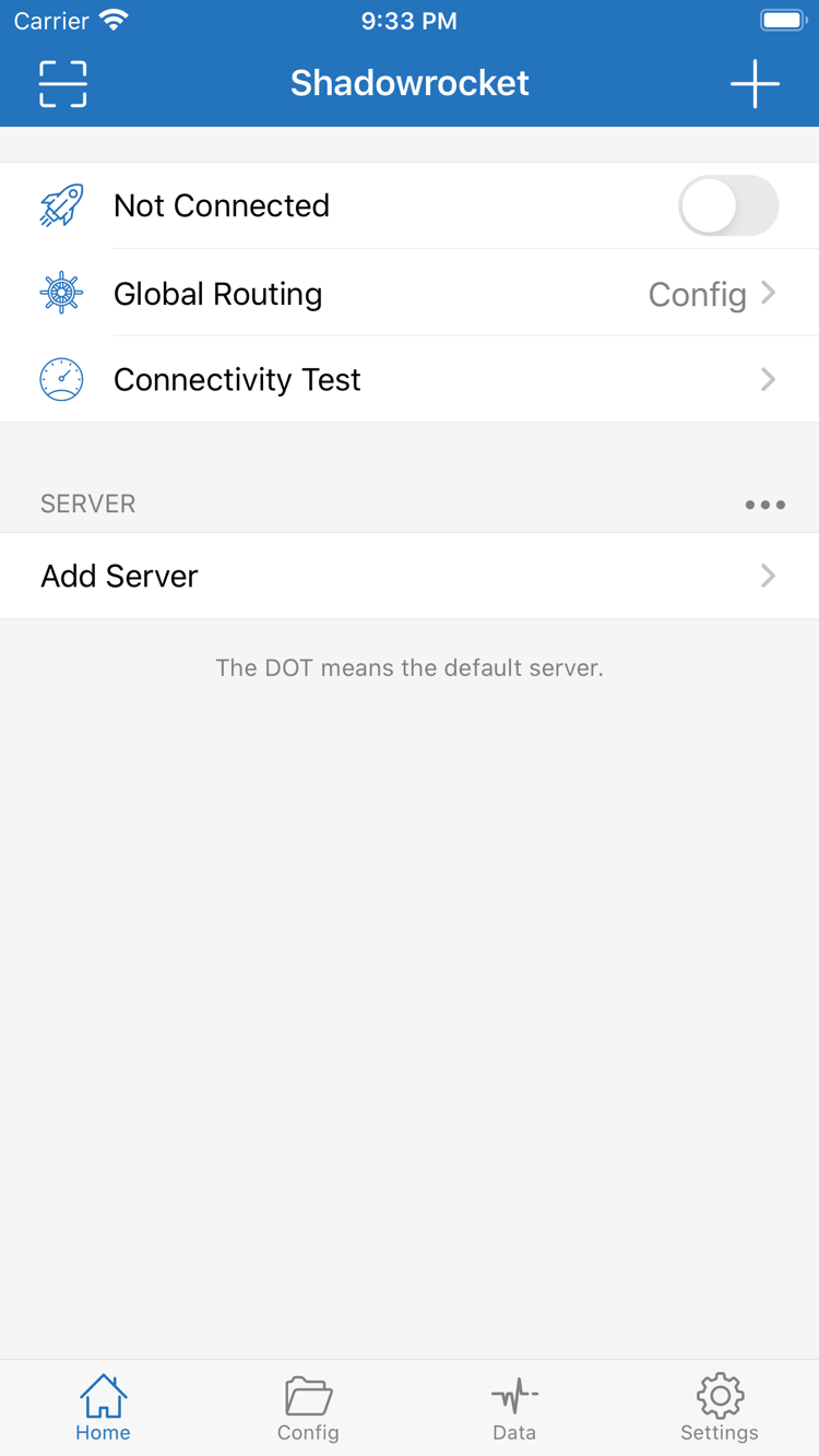 Shadowrocket 的 Home 頁面，頂端顯示 Not Connected 開關、Global Routing 和 Connectivity Test，下方為 SERVER 群組與 Add Server