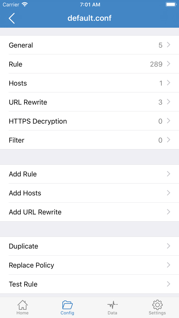 Shadowrocket 的 Config 設定檔編輯頁面，顯示 General、Rule、Hosts、URL Rewrite、HTTPS Decryption 區段及 Add Rule