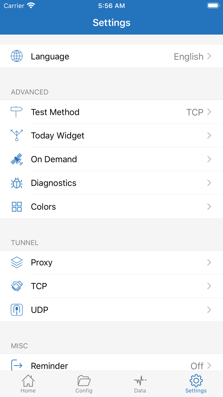 Shadowrocket 的 Settings 頁面，包含 Language、Test Method、Today Widget、On Demand、Diagnostics、Proxy、TCP 和 UDP 設定入口